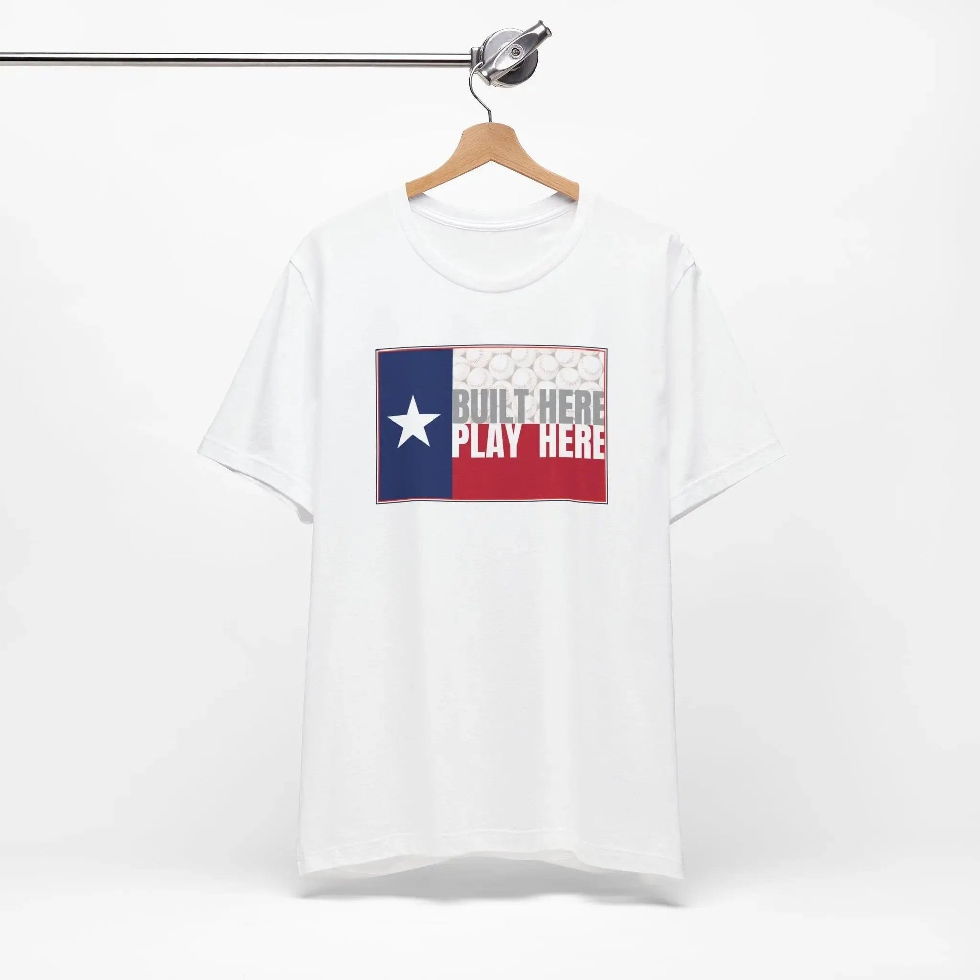 White t-shirt with Texas flag design and text on a white background