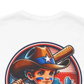 T-shirt with a graphic of a boy in a cowboy hat and American flag design on a white background