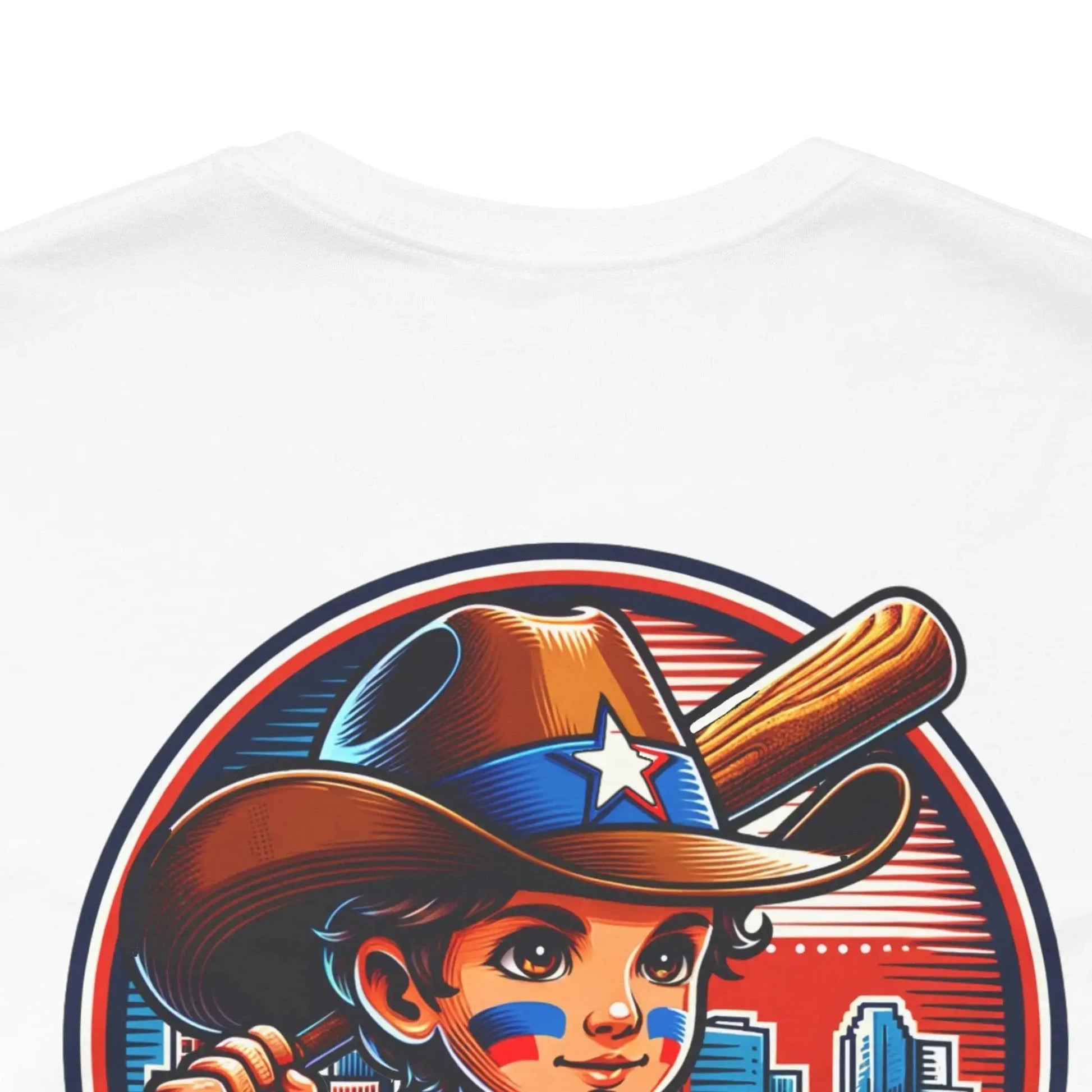T-shirt with a graphic of a boy in a cowboy hat and American flag design on a white background