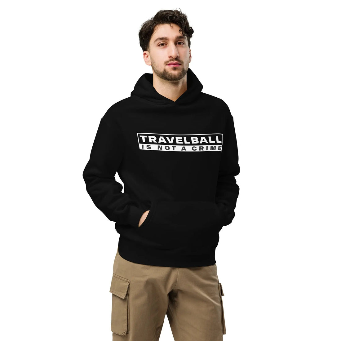 Black oversized hoodie with 'TRVL BALL IS NOT A CRIME' text on the front.