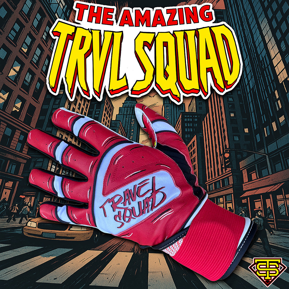 Red glove with 'TRVL SQUAD' text against a cityscape background