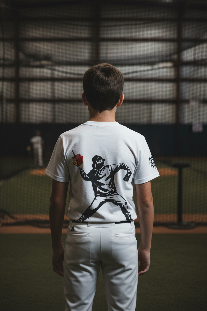 Back view of youth baseball player wearing Throw Gas tee with exact design in indoor batting cage