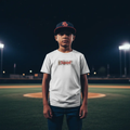 Box Youth Tee with Very Small Design Baseball Field Night Scene