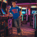 Professional baseball lifestyle photoshoot with Baller Like Bryce Tee in arcade - teenage model