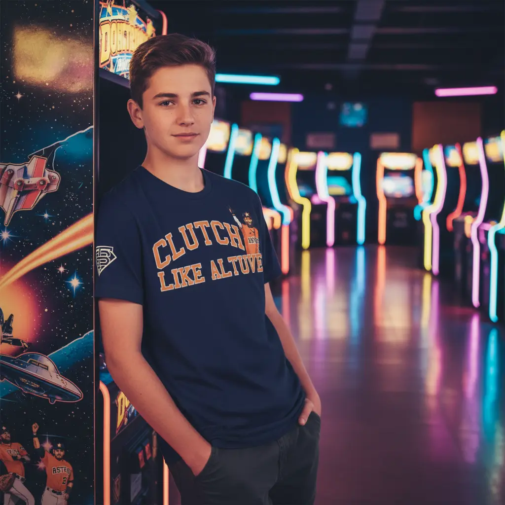 Professional baseball lifestyle photoshoot with Clutch Like Altuve Tee in arcade - teenage model