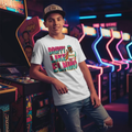 Professional baseball lifestyle photoshoot with Drippy Like El Nino Tee in arcade - teenage model