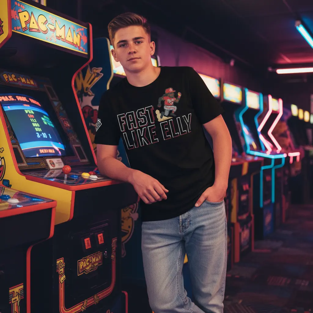 Professional baseball lifestyle photoshoot with Fast Like Elly Tee in arcade - teenage model
