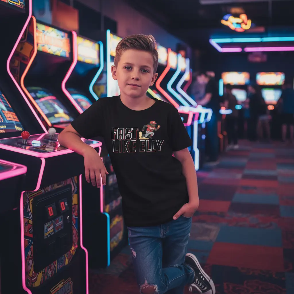 Professional baseball lifestyle photoshoot with Fast Like Elly Youth Tee in arcade