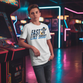 Professional baseball lifestyle photoshoot with Fast Like Shohei Tee in arcade - teenage model