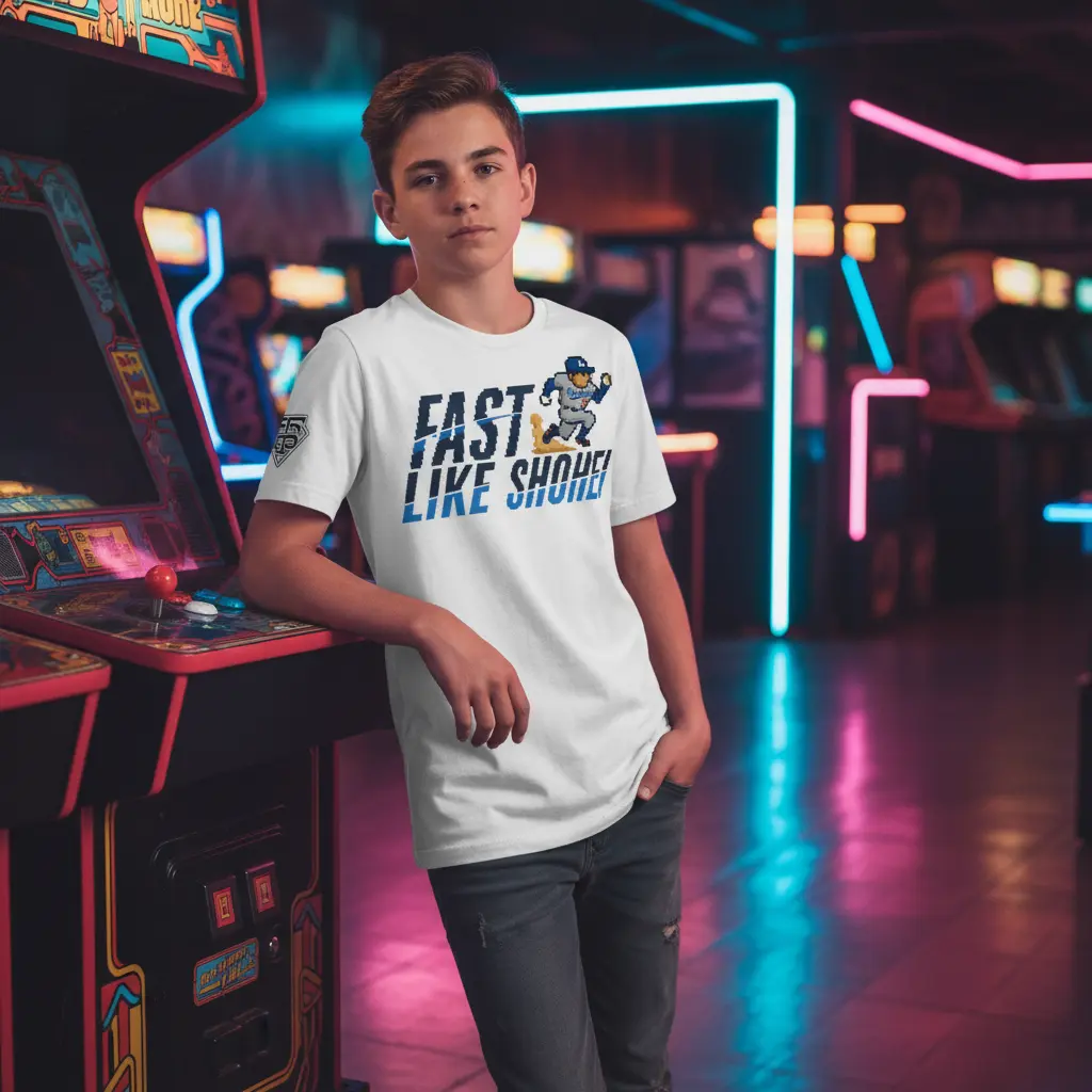 Professional baseball lifestyle photoshoot with Fast Like Shohei Tee in arcade - teenage model