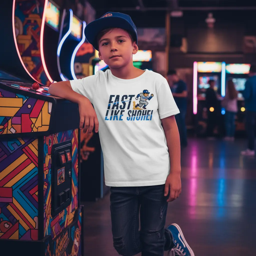Professional baseball lifestyle photoshoot with Fast Like Shohei Youth Tee in arcade