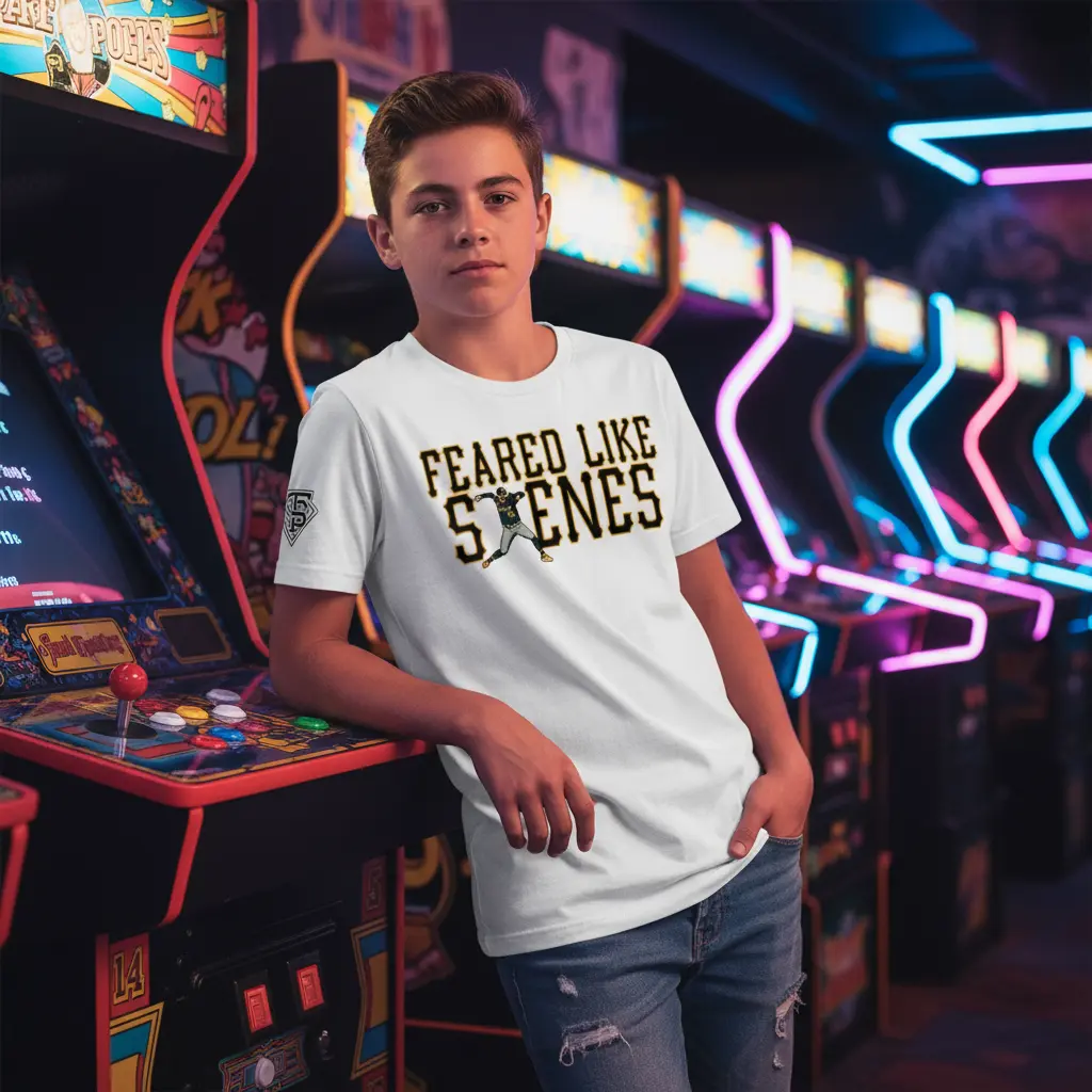 Professional baseball lifestyle photoshoot with Feared Like Skenes Tee in arcade - teenage model