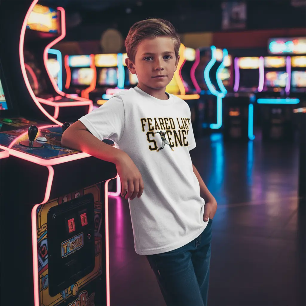 Professional baseball lifestyle photoshoot with Feared Like Skenes Youth Tee in arcade