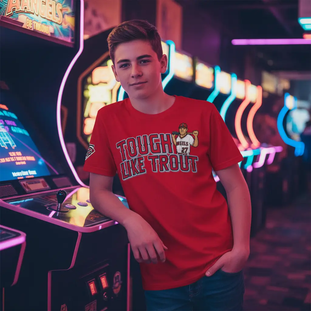 Professional baseball lifestyle photoshoot with Tough Like Trout Tee in arcade - teenage model