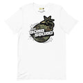 A white crew neck t-shirt with a graphic design featuring the text 'BOMB SQUAD' and a stylized baseball and stars logo.