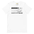 A white crew-neck Chikara Tee with black and gray text and graphics, including the word 'TRAVEL' and a baseball-themed graphic.