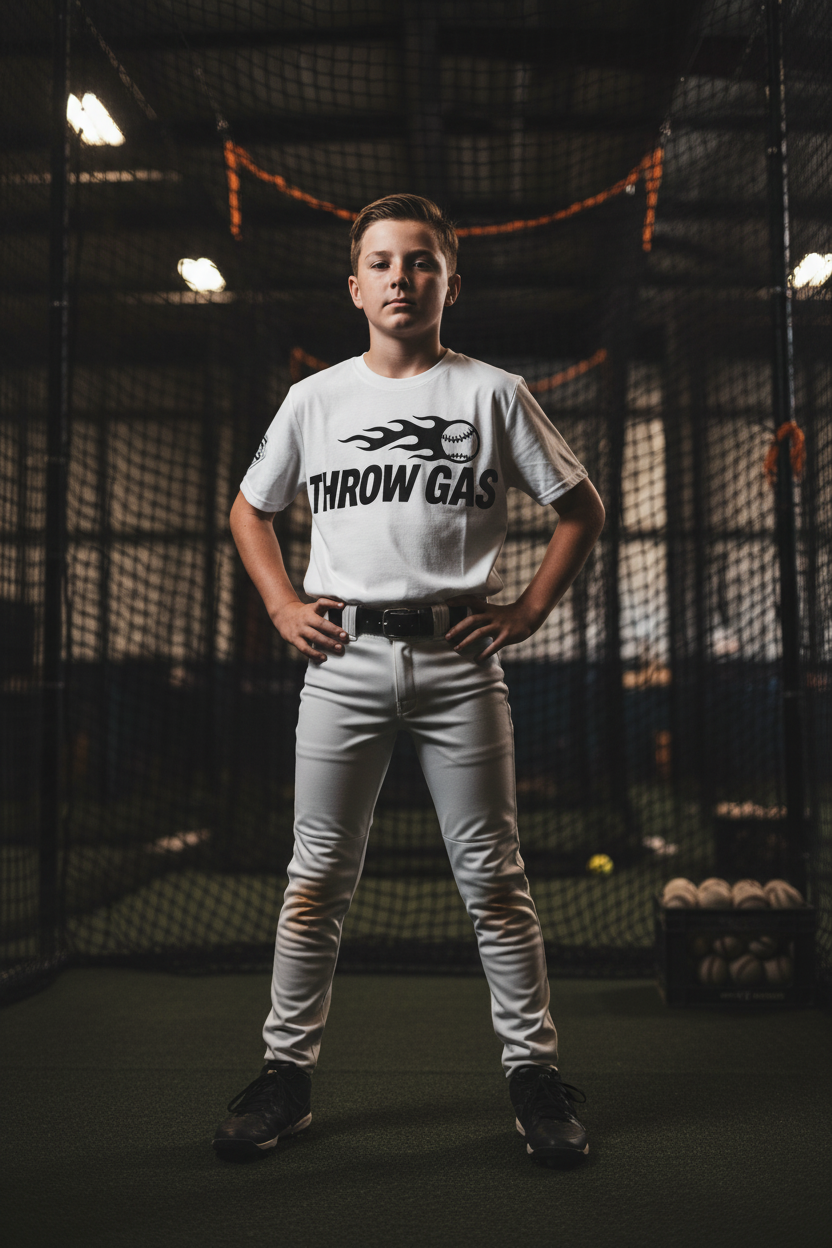Youth baseball player wearing Throw Gas tee with arms uncrossed in indoor batting cage